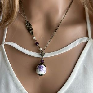 Boho Victorian Necklace with Purple Floral Ceramic Bead and Cut Glass New